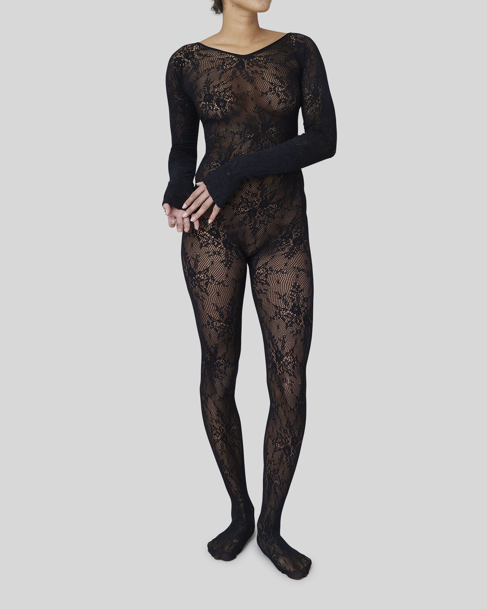Long Sleeve Gloved Bodystocking with Rose Lace Design