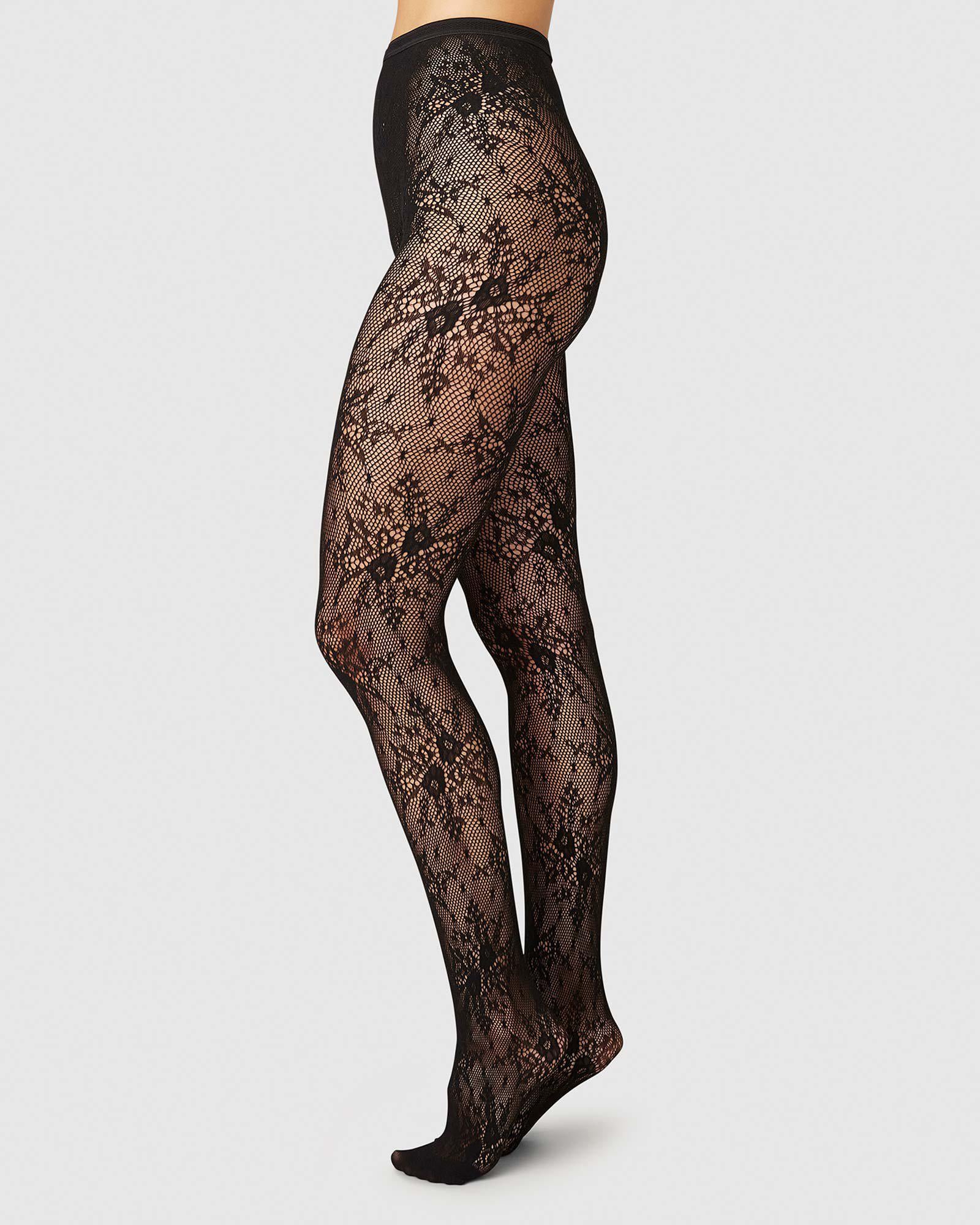 Black Floral Lace Stockings With Lace Top