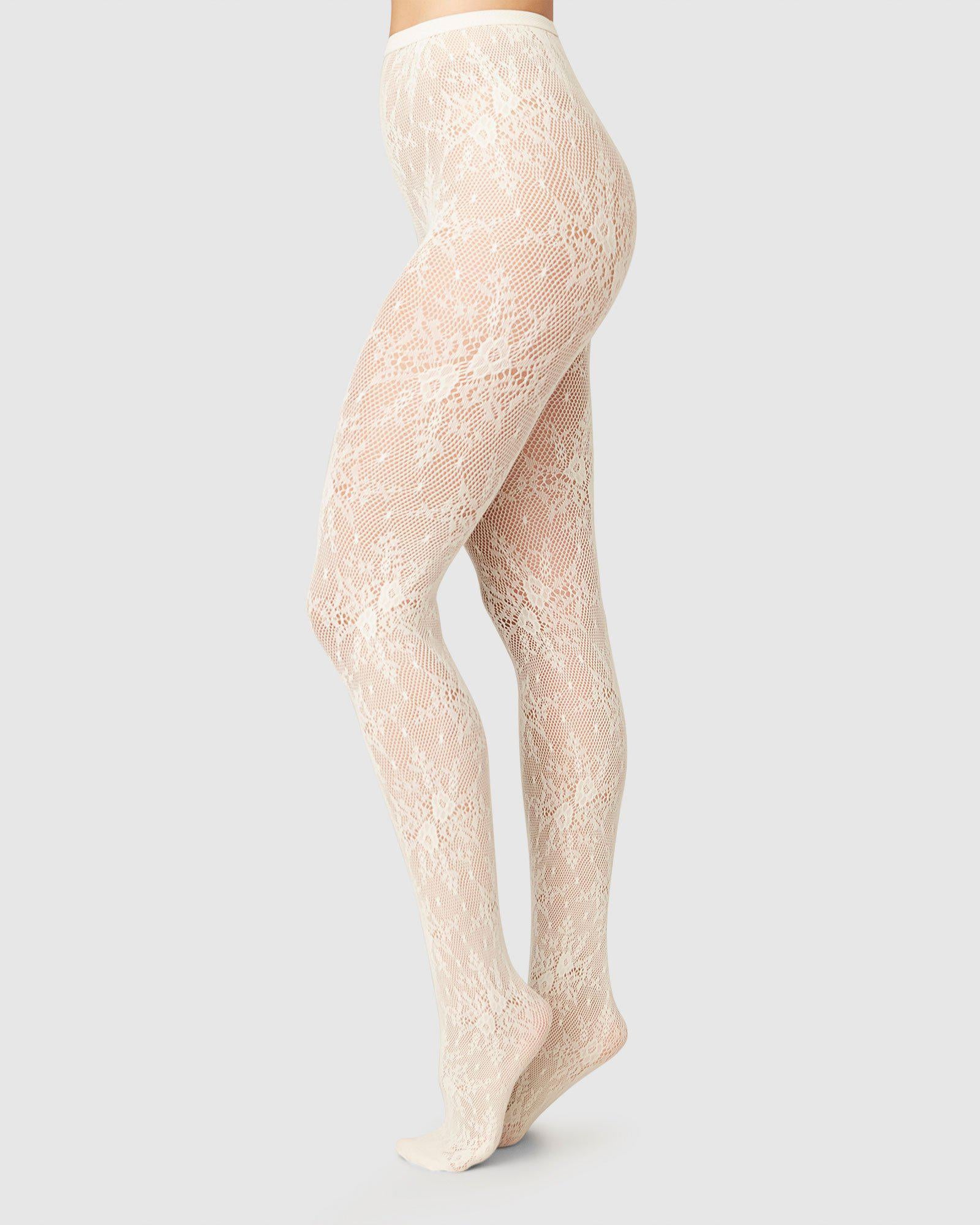 White Lace Detail Fishnet Tights